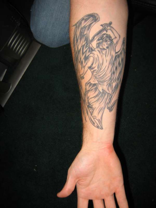 Black Ink Archangel Michael Tattoo On Right Forearm