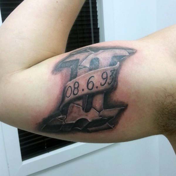 birthdate gemini stone zodiac sign guys inner arm bicep tattoo