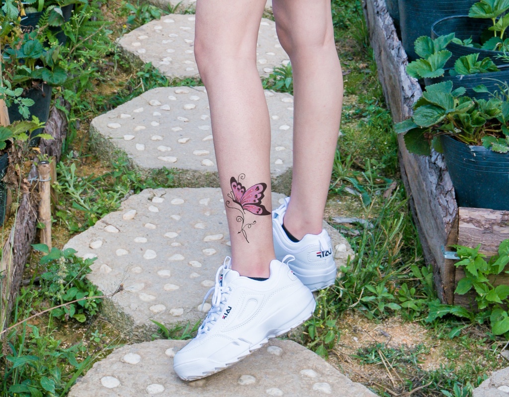 Unique Colorful Butterfly Tattoo Desings With Heart On Leg