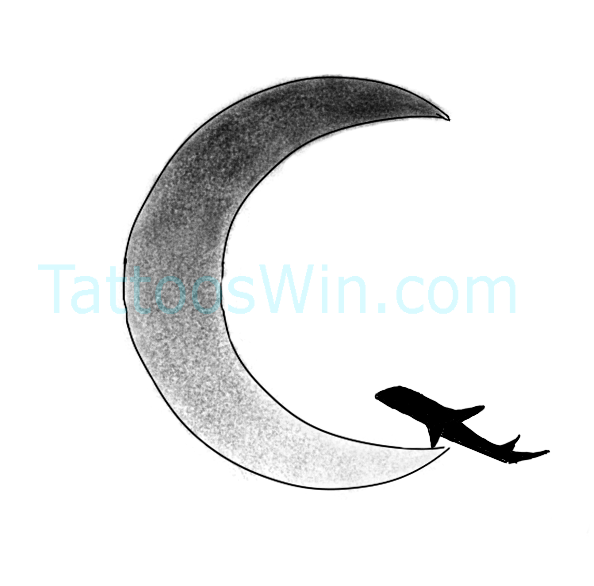 Crescent Moon WIth Aircraft Tattoo Designs