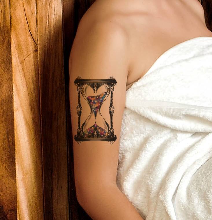 Hour Glass Tattoo Design On Bicep for Girls