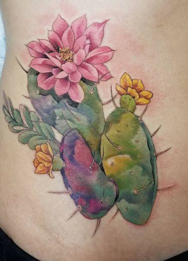 Cactus Tattoo With Flower In Multiple Colors