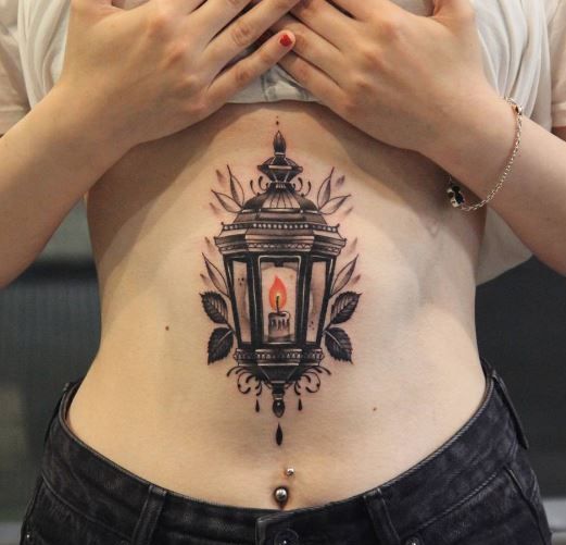 Lantern Tattoo on Belly Woman