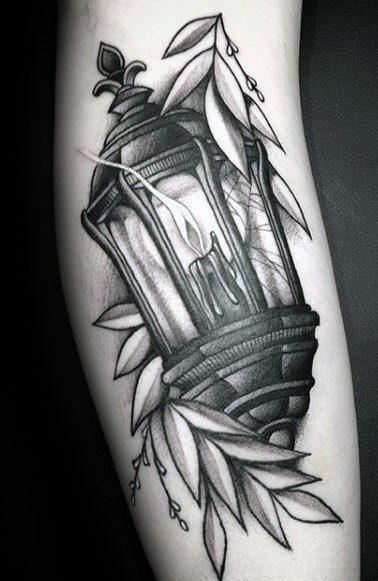 Lantern Tattoo with Candle and Leaves