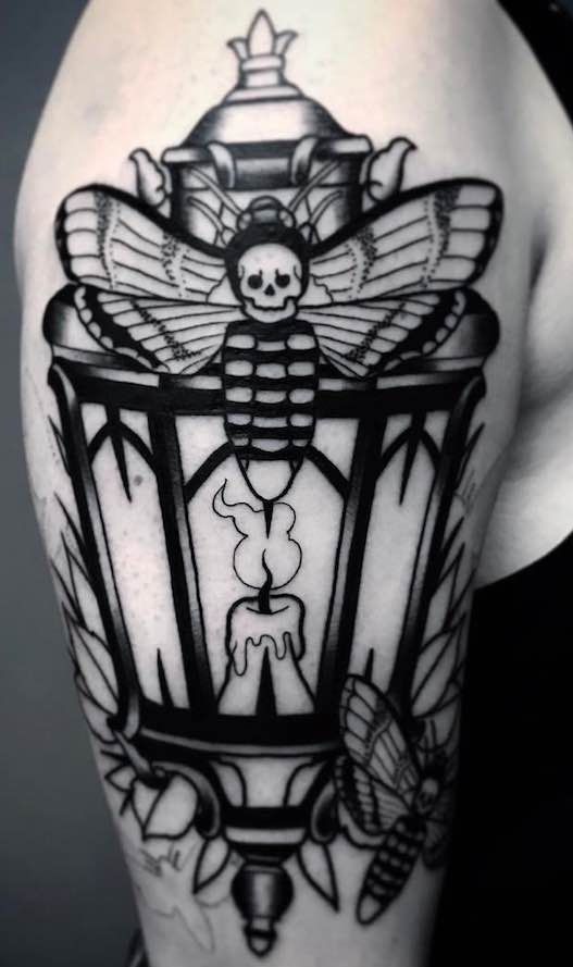Lantern Tattoo with Bee, Skull and Candle