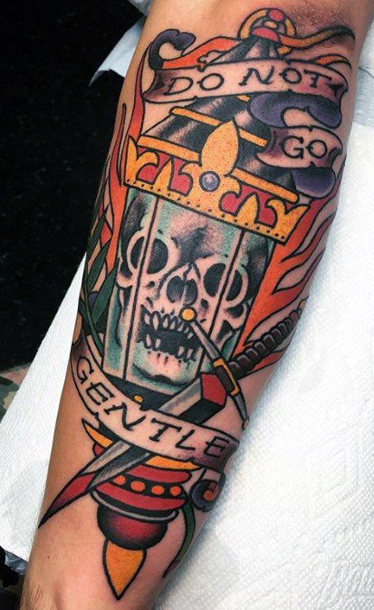 Lantern Tattoo with Knife, Skull and Crown
