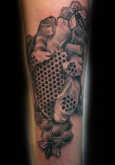 Honeycomb Tattoo With Bee In Heart Shape On Hand