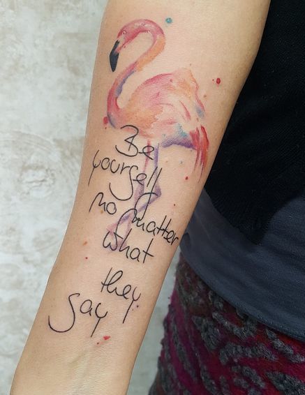 Water Color Flamingo Tattoo With Quote On Hand