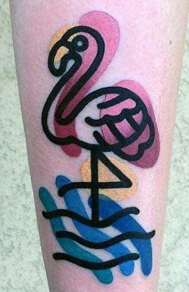 Water Color Flamingo Tattoo On Leg