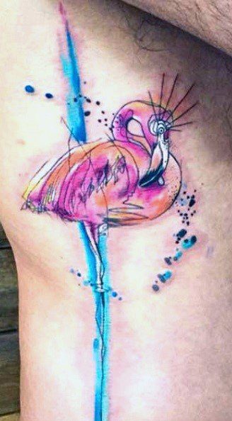 Water Color Flamingo Tattoo On Side