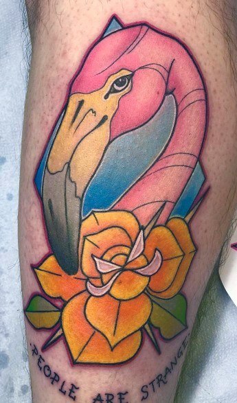 Flamingo Tattoo With Yellow Flower