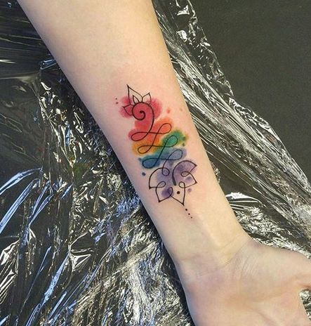 Unalome with lotus water color  tattoo on hand.