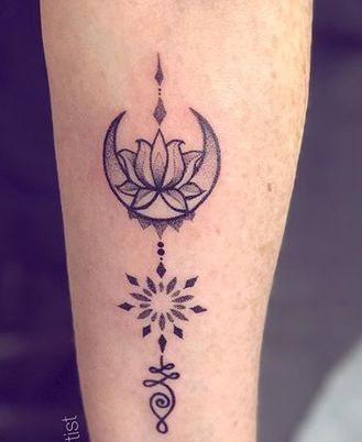 Unalome with lotus and crescent moon tattoo on hand.