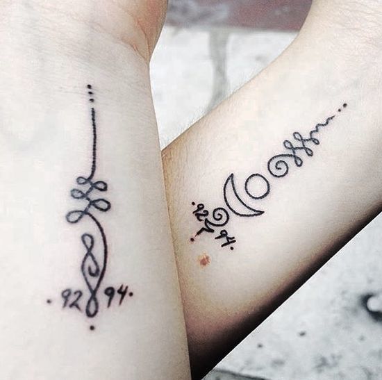 Unalome with moon and numbers tattoo on hand.