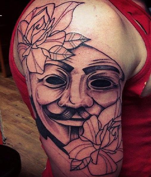 V for Vendetta Mask With Mustache and Flower Tattoo 