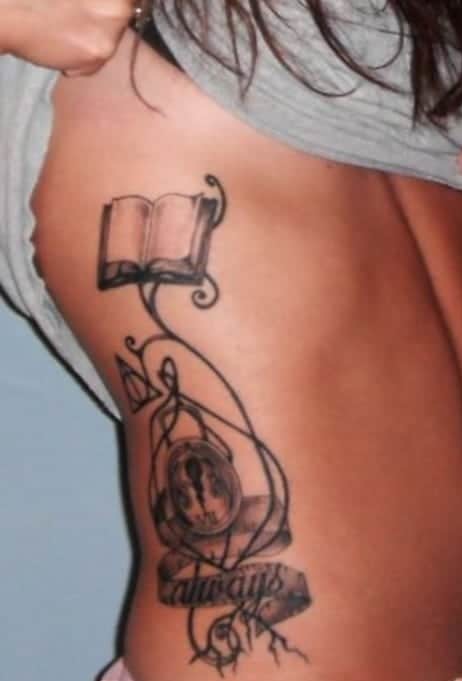 Open Book With Keyhole Tattoo On Side of A Woman