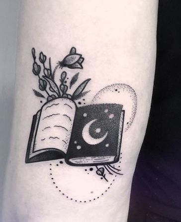 Open Book With Crescent Moon, Stars, Flowers and Leaves Tattoo.