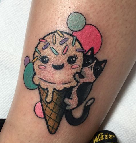 Ice Cream with cat and balloon tattoo