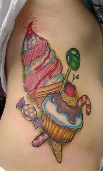 Ice Cream with candy tattoo in side on a woman.