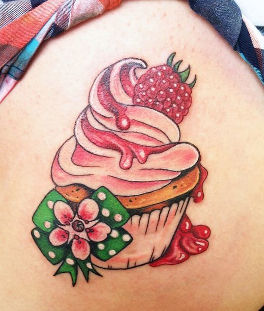 Ice Cream cup with cherry and ribbon tattoo.