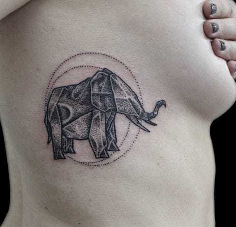 Origami Elephant Tattoo On Side Of A Woman