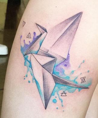 Origami Crane Tattoo Using Watercolor On Thigh