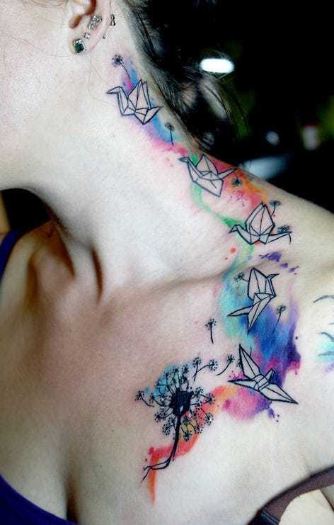 Origami Birds With Flower Tattoo Using Water Color