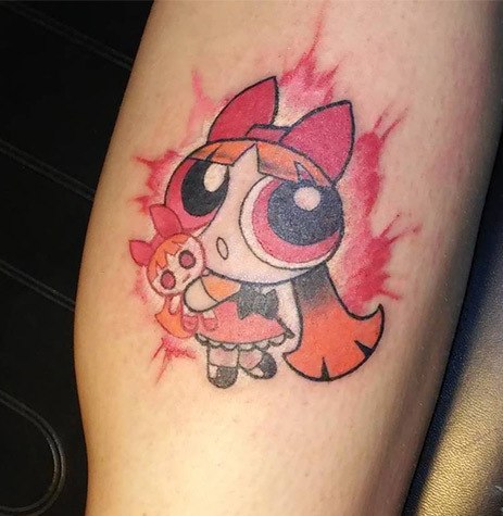 Blossom Powerpuff Girls Tattoo On Leg