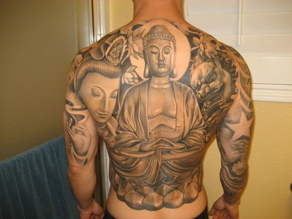 Buddhist Tattoo On Back Of A Man