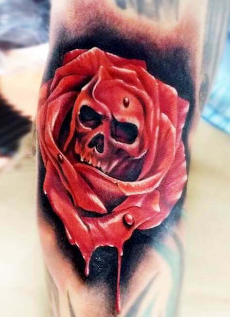 Red Rose And Skull Tattoo On Hand