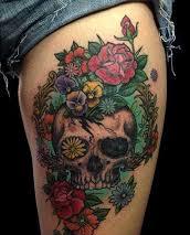 Rose And Skull Tattoo On Thigh