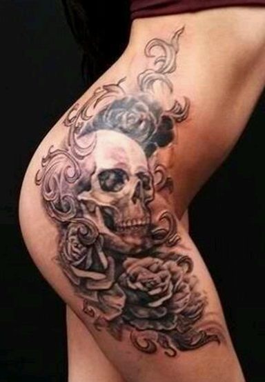Rose And Skull Tattoo On Side Waist and Thigh Of A Woman