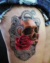 Rose And Skull Tattoo On Thigh Of A Girl