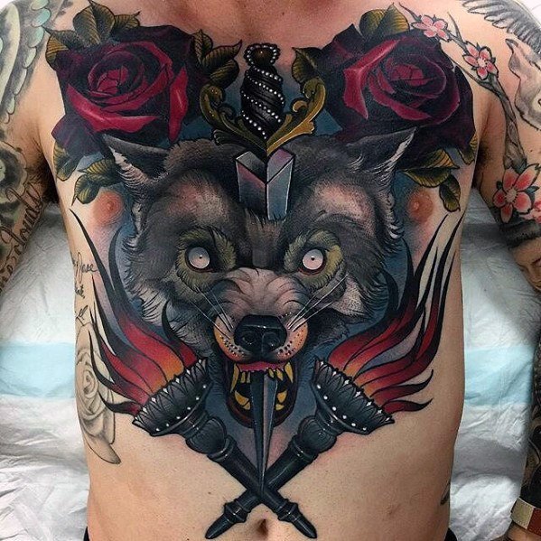 Sword and Rose With Pierced Wolf Head Tattoo 