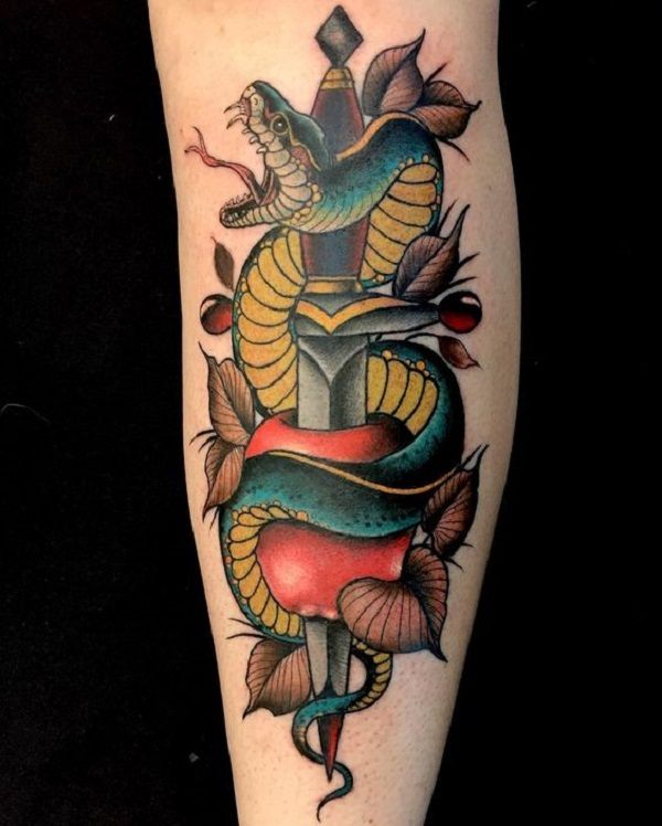 Sword Tattoo With Snake and Pierced Apple in Hand