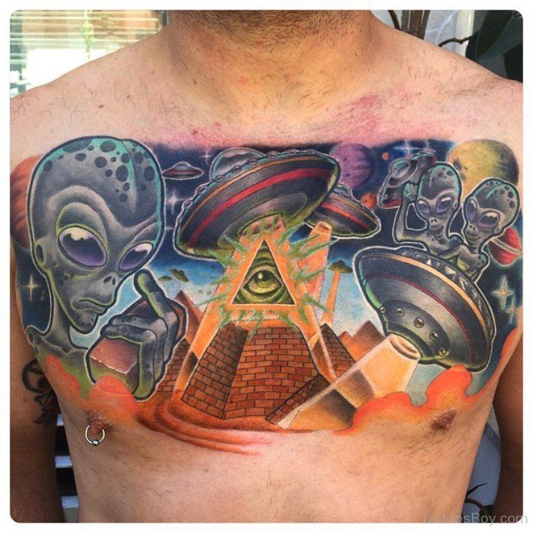 Alien Spaceship Tattoo on Chest