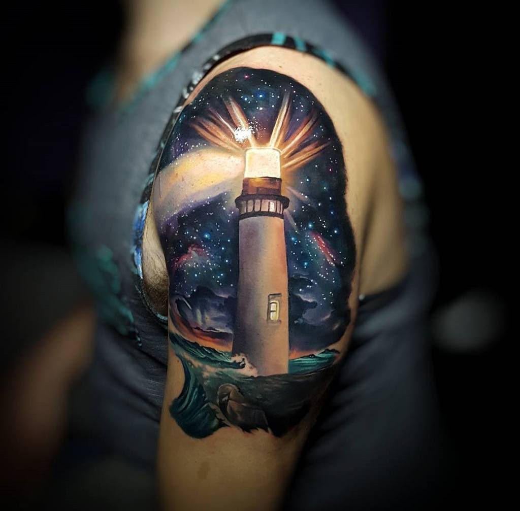 Lighthouse Tattoo On Shoulder of a Man.