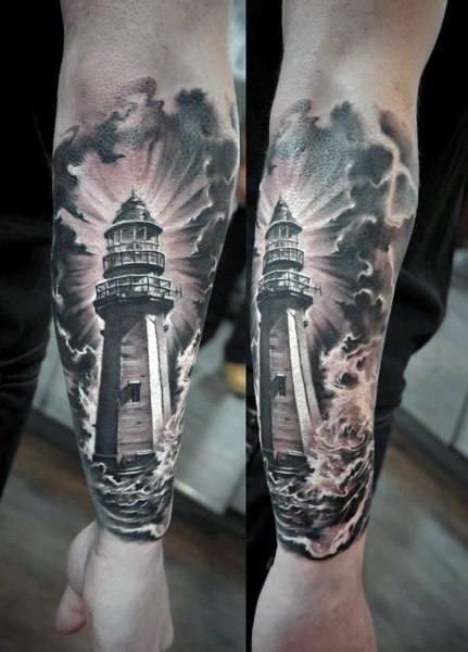 Lighthouse Tattoo on elbow
