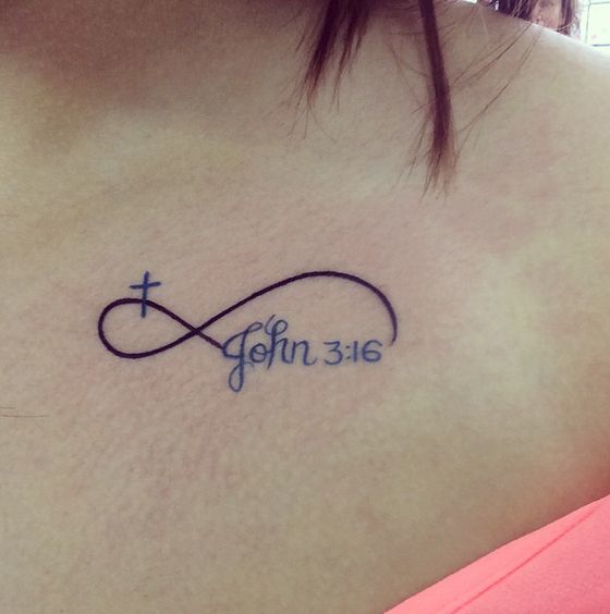 John 3:16 tattoo with infinite symbol and cross on a woman.