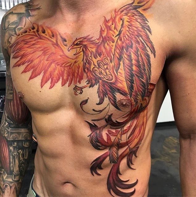 Phoenix Tattoo on chest of a man.