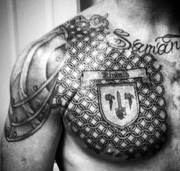 Armor Tattoo On Chest Representing Power.