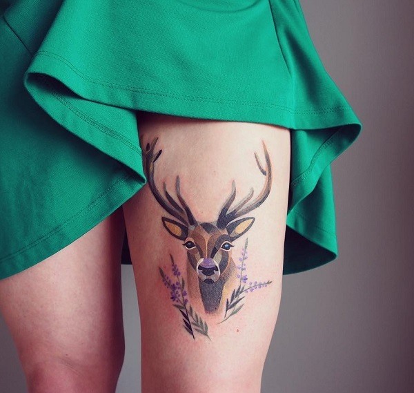 Power Signified By Blossom Deer Tattoo On Thigh.