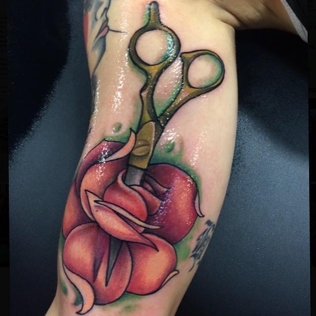 Colorful Scissors with Rose Tattoo on arm