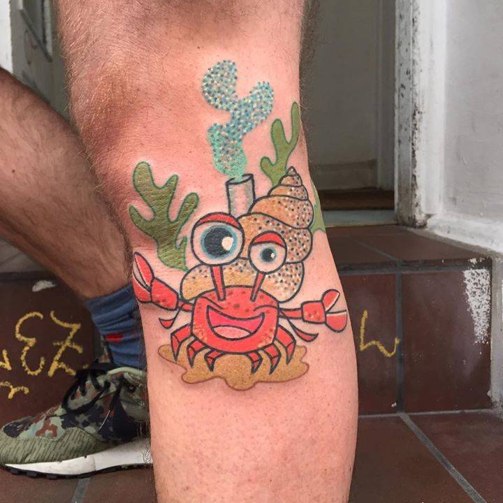 Cartoon Crab Tattoo on Leg 