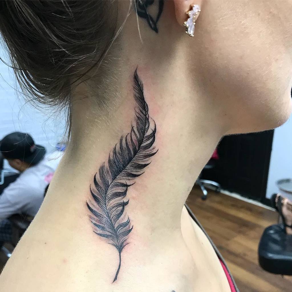 Feather Tattoo on neck for women