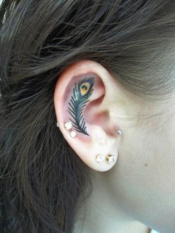 Peacock Feather Tattoo on ear for Women
