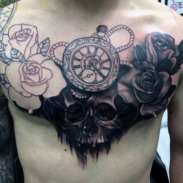 Pocket Watch Tattoo  with roses and skull on chest for men