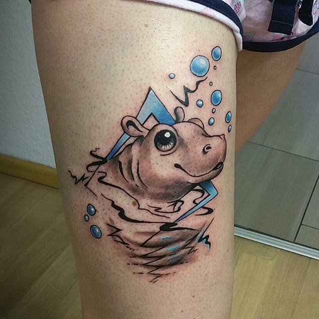 Cute Baby Hippo Tattoo on leg for women