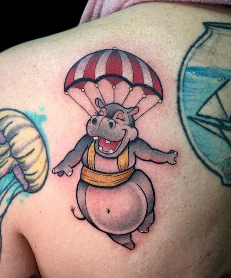 Flying Hippo Tattoo at Back for men