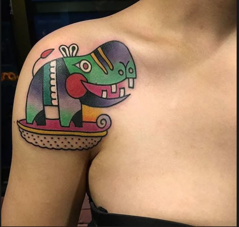 Colorful Hippo Tattoo for women on shoulder